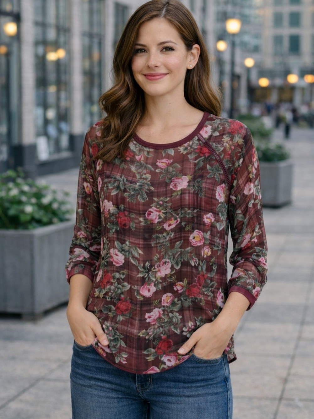 BONGO Burgundy Floral Plaid Long Sleeve Tee